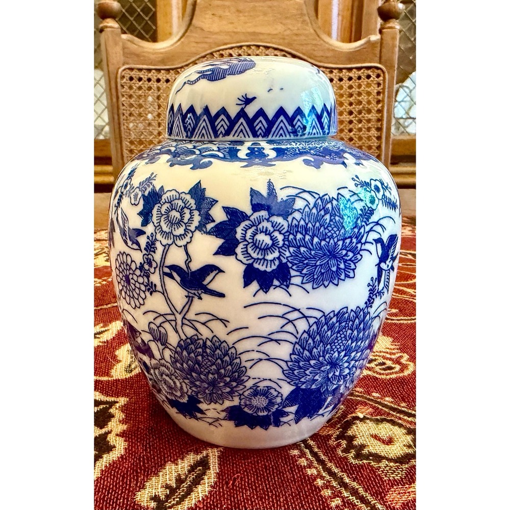 Vintage Blue White Miniature Ginger Jar | Birds Floral Porcelain Chinoiserie